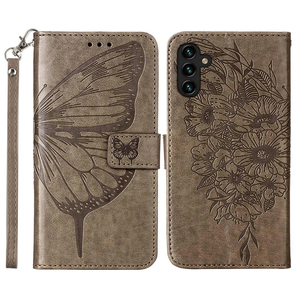 For Samsung Galaxy A34 5G Wallet Case with Wrist Strap Butterfly Imprint Leather Phone Cover - Grey - 1