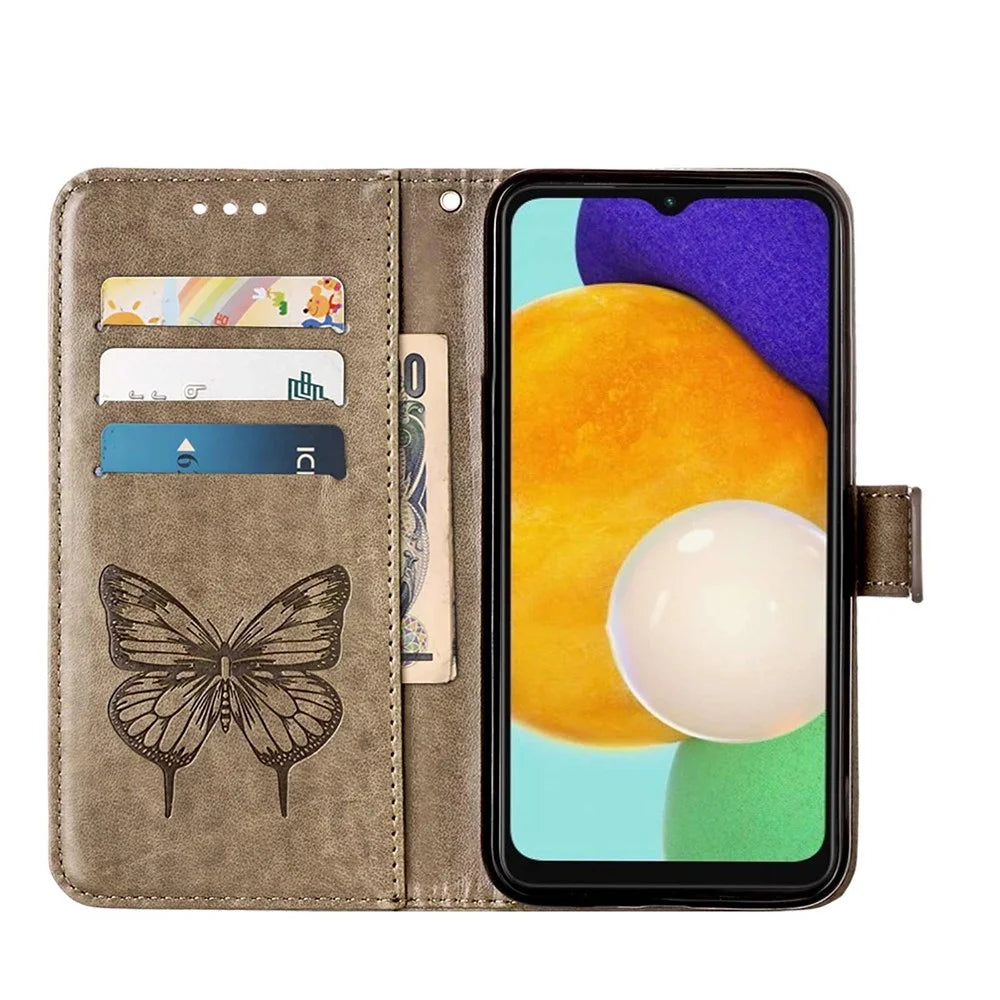For Samsung Galaxy A34 5G Wallet Case with Wrist Strap Butterfly Imprint Leather Phone Cover - Grey - 2