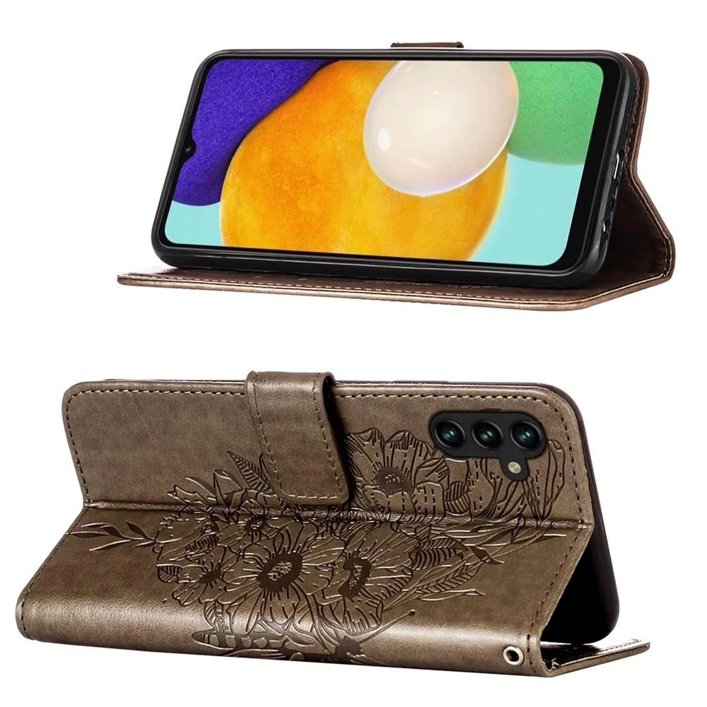 For Samsung Galaxy A34 5G Wallet Case with Wrist Strap Butterfly Imprint Leather Phone Cover - Grey - 3