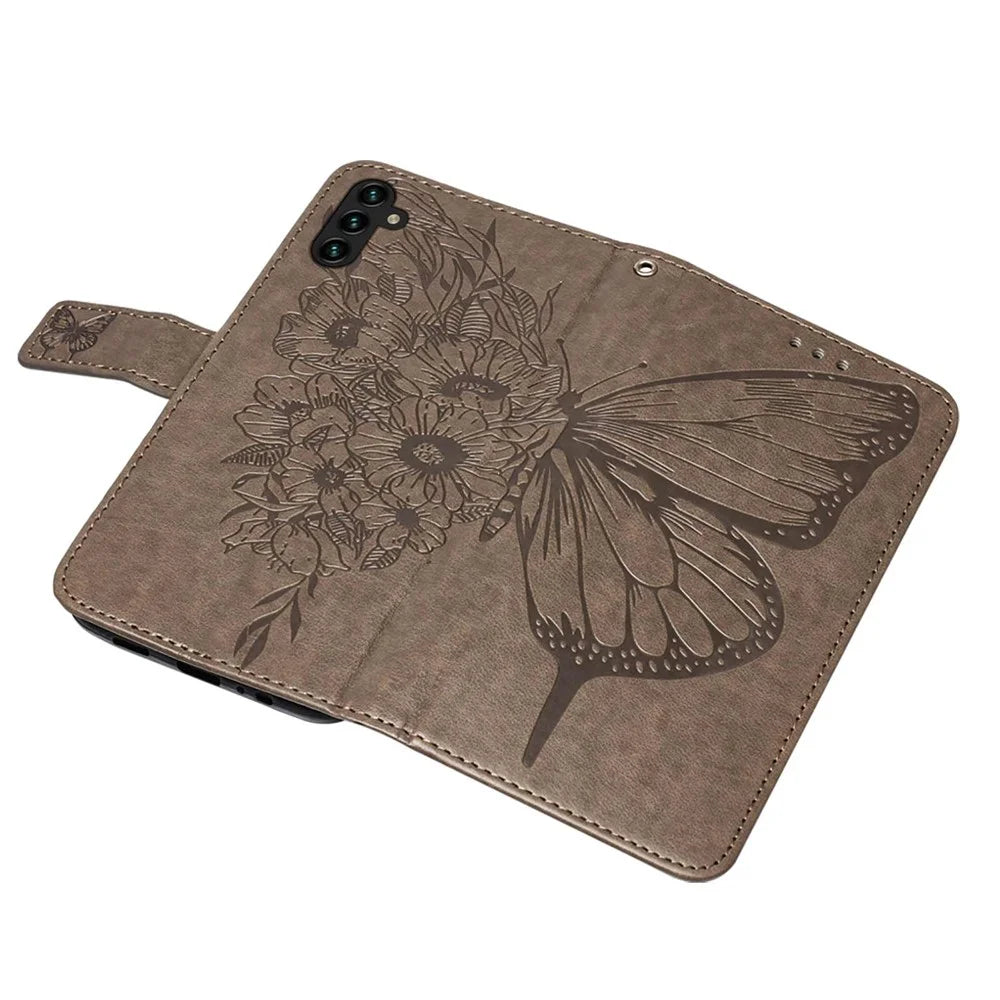 For Samsung Galaxy A34 5G Wallet Case with Wrist Strap Butterfly Imprint Leather Phone Cover - Grey - 4