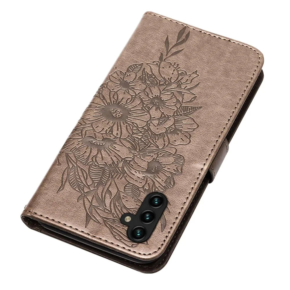 For Samsung Galaxy A34 5G Wallet Case with Wrist Strap Butterfly Imprint Leather Phone Cover - Grey - 5