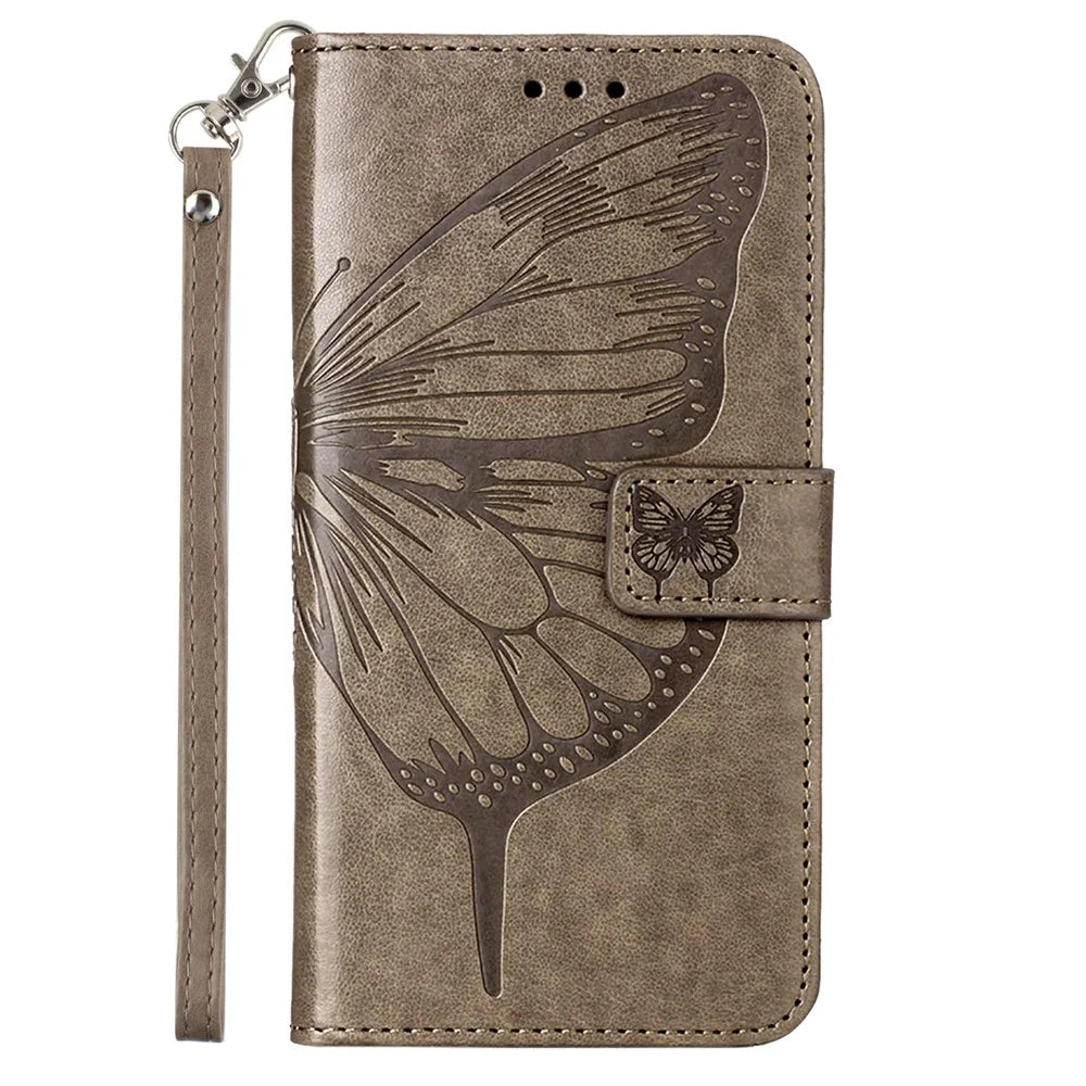 For Samsung Galaxy A34 5G Wallet Case with Wrist Strap Butterfly Imprint Leather Phone Cover - Grey - 6