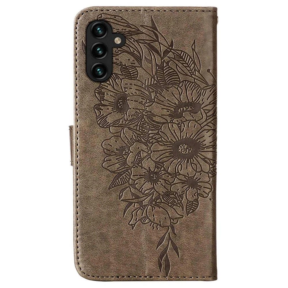 For Samsung Galaxy A34 5G Wallet Case with Wrist Strap Butterfly Imprint Leather Phone Cover - Grey - 7