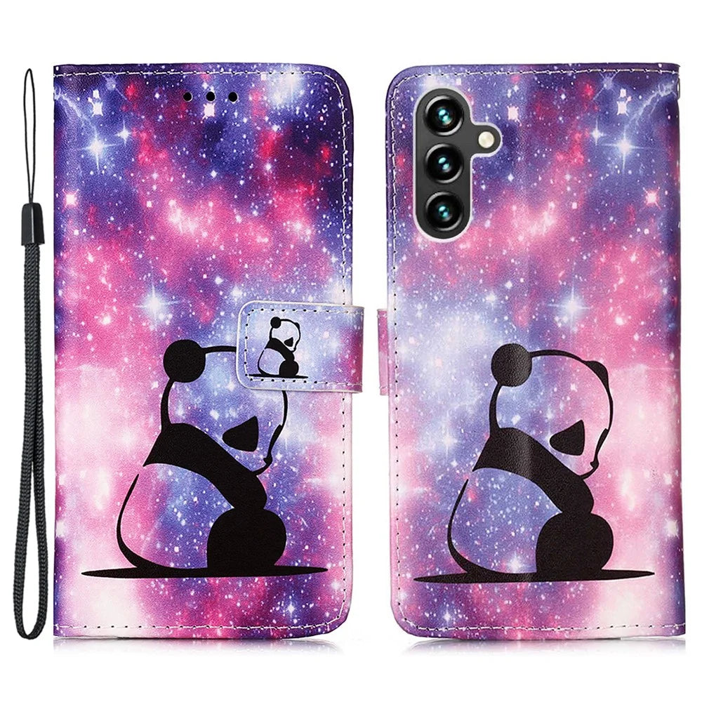 For Samsung Galaxy A54 5G Leather Case with Strap and Card Holder Pattern Printing Phone Stand Cover - Baby Panda - 1