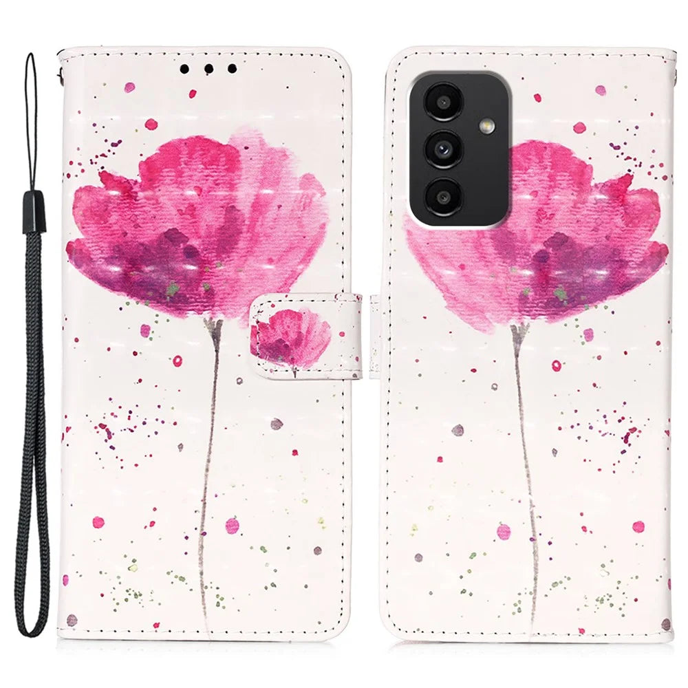 For Samsung Galaxy A54 5G Leather Case 3D Pattern Printing Wallet Stand Mobile Cover with Strap - Flower - 1