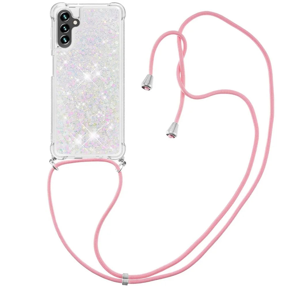 For Samsung Galaxy A54 5G TPU Case Quicksand Design Phone Cover with Lanyard - Laser  /  Hearts - 1