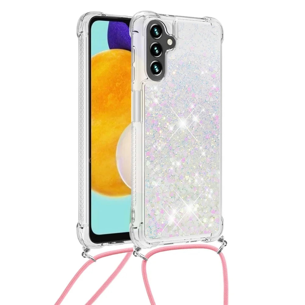 For Samsung Galaxy A54 5G TPU Case Quicksand Design Phone Cover with Lanyard - Laser  /  Hearts - 2