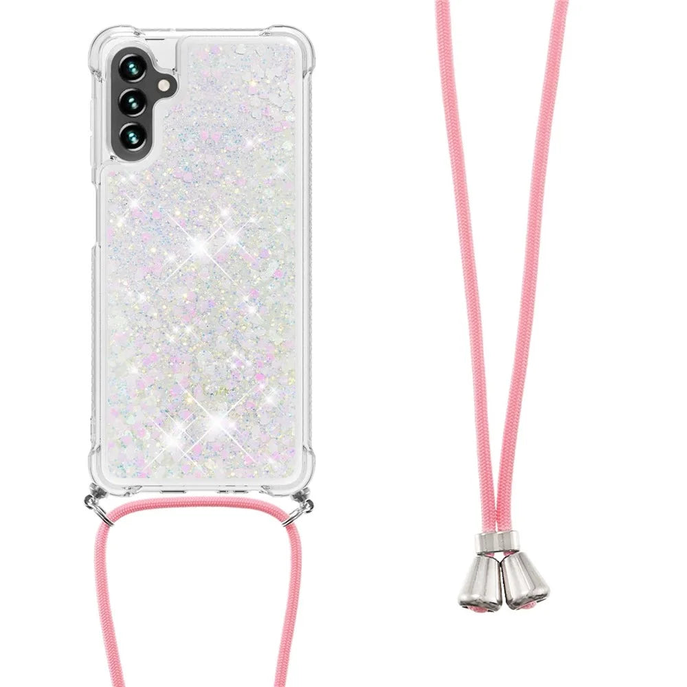 For Samsung Galaxy A54 5G TPU Case Quicksand Design Phone Cover with Lanyard - Laser  /  Hearts - 3