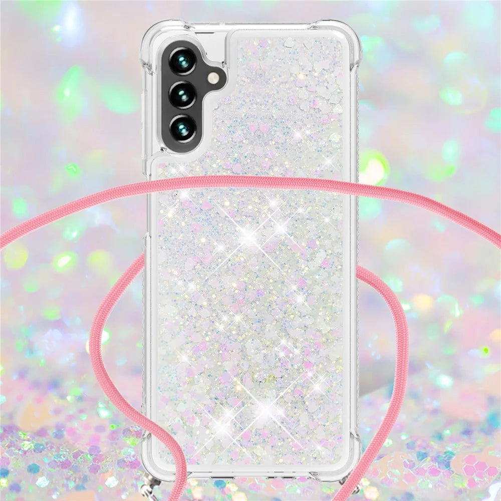 For Samsung Galaxy A54 5G TPU Case Quicksand Design Phone Cover with Lanyard - Laser  /  Hearts - 4