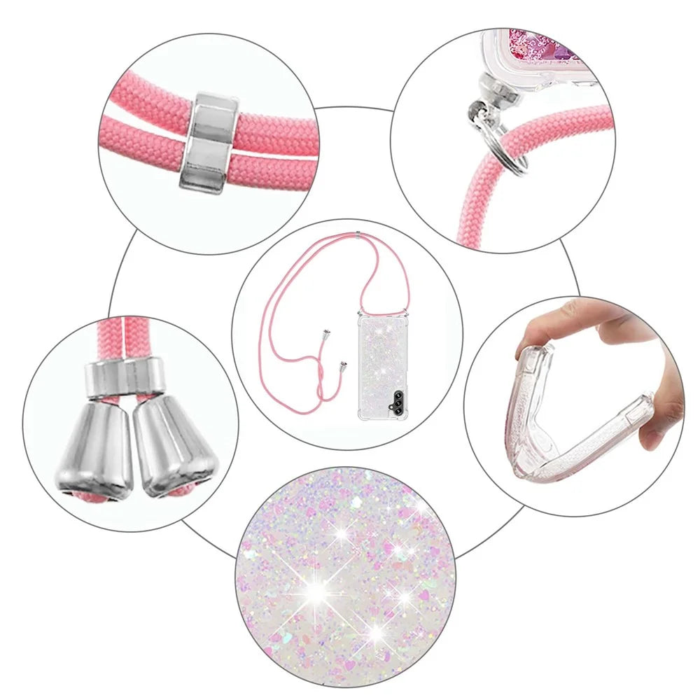 For Samsung Galaxy A54 5G TPU Case Quicksand Design Phone Cover with Lanyard - Laser  /  Hearts - 5