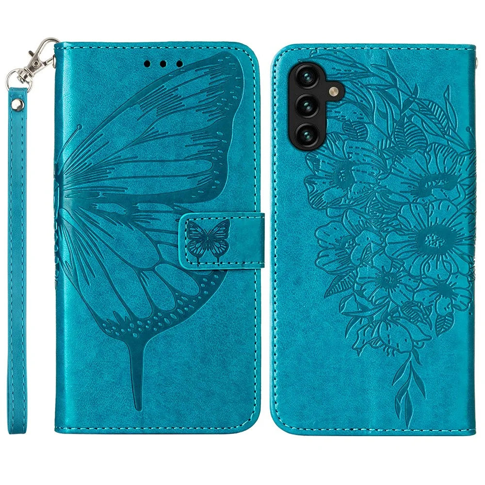 For Samsung Galaxy A54 5G Wallet Case with Wrist Strap Butterfly Imprint Leather Phone Cover - Blue - 1