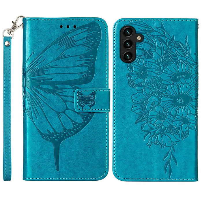 For Samsung Galaxy A54 5G Wallet Case with Wrist Strap Butterfly Imprint Leather Phone Cover - Blue - 1