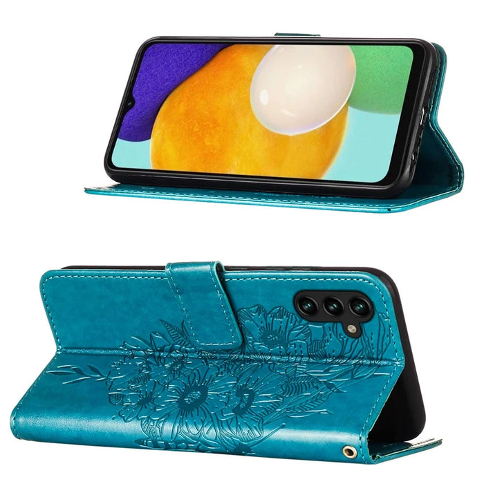 For Samsung Galaxy A54 5G Wallet Case with Wrist Strap Butterfly Imprint Leather Phone Cover - Blue - 2