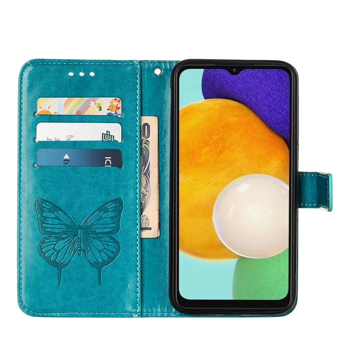 For Samsung Galaxy A54 5G Wallet Case with Wrist Strap Butterfly Imprint Leather Phone Cover - Blue - 3