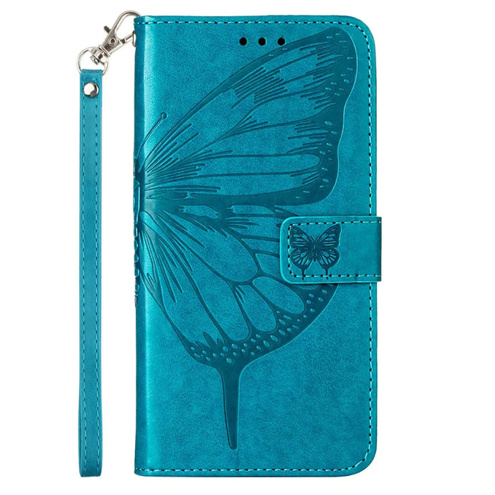 For Samsung Galaxy A54 5G Wallet Case with Wrist Strap Butterfly Imprint Leather Phone Cover - Blue - 6