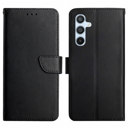 HT02 Nappa Texture Phone Cover for Samsung Galaxy A34 5G, Magnetic Clasp Genuine Leather Wallet Stand Anti-scratch Flip Phone Case - Black - 1