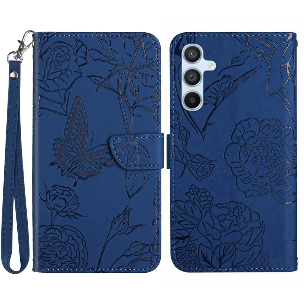 HT03 for Samsung Galaxy A34 5G Anti-scratch Phone Case Imprinted Butterfly Flowers Skin-touch Magnetic PU Leather Flip Wallet Cover with Strap - Blue - 1