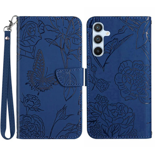 HT03 for Samsung Galaxy A34 5G Anti-scratch Phone Case Imprinted Butterfly Flowers Skin-touch Magnetic PU Leather Flip Wallet Cover with Strap - Blue - 1