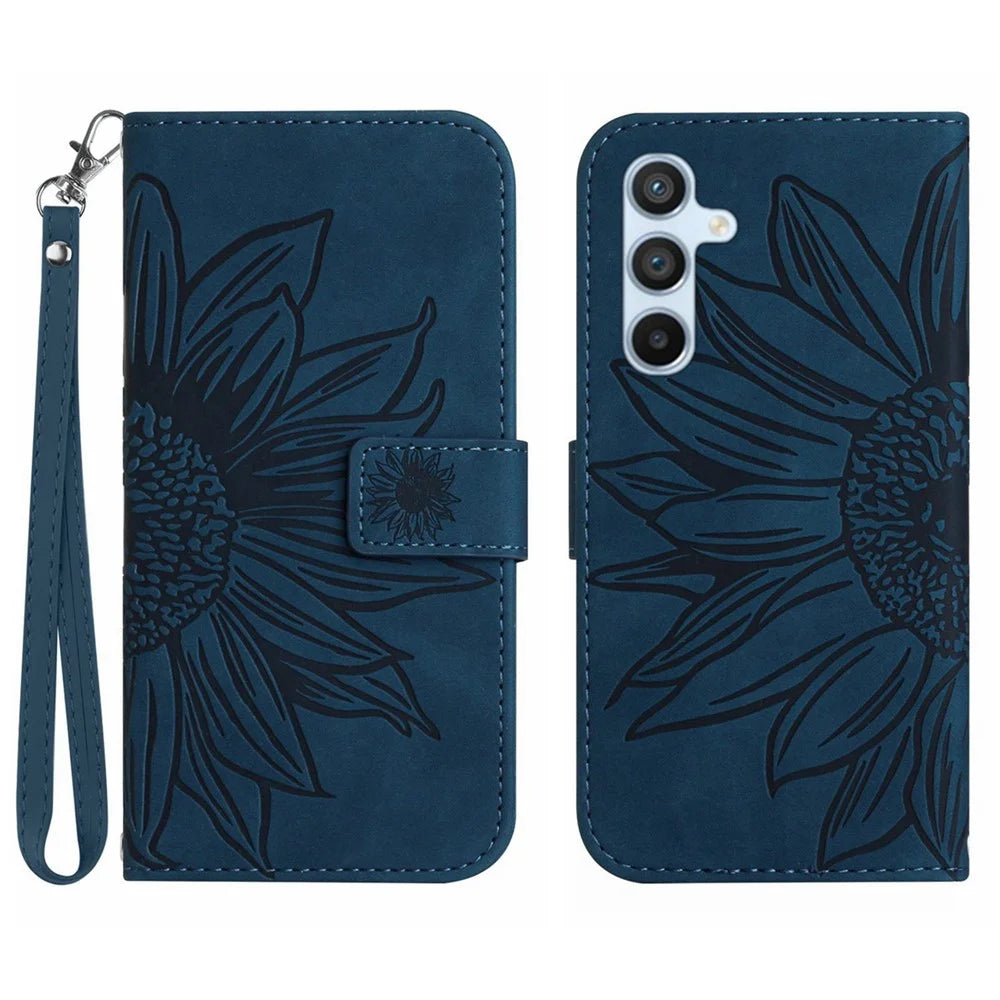 For Samsung Galaxy A34 5G HT04 Sunflower Imprinted Flip Phone Wallet Case Skin-Touch PU Leather Stand Magnetic Anti-drop Phone Cover with Hand Strap - Dark Blue - 1
