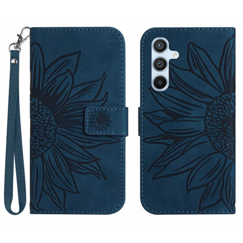 For Samsung Galaxy A34 5G HT04 Sunflower Imprinted Flip Phone Wallet Case Skin-Touch PU Leather Stand Magnetic Anti-drop Phone Cover with Hand Strap - Dark Blue - 1