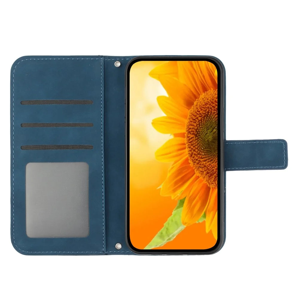 For Samsung Galaxy A34 5G HT04 Sunflower Imprinted Flip Phone Wallet Case Skin-Touch PU Leather Stand Magnetic Anti-drop Phone Cover with Hand Strap - Dark Blue - 2
