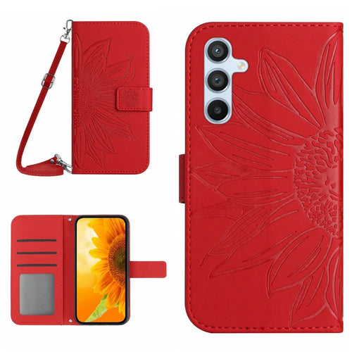 HT04 Sunflower Imprinted Phone Case for Samsung Galaxy A34 5G, PU Leather Wallet Stand Skin-touch Shockproof Phone Cover with Shoulder Strap - Red - 1