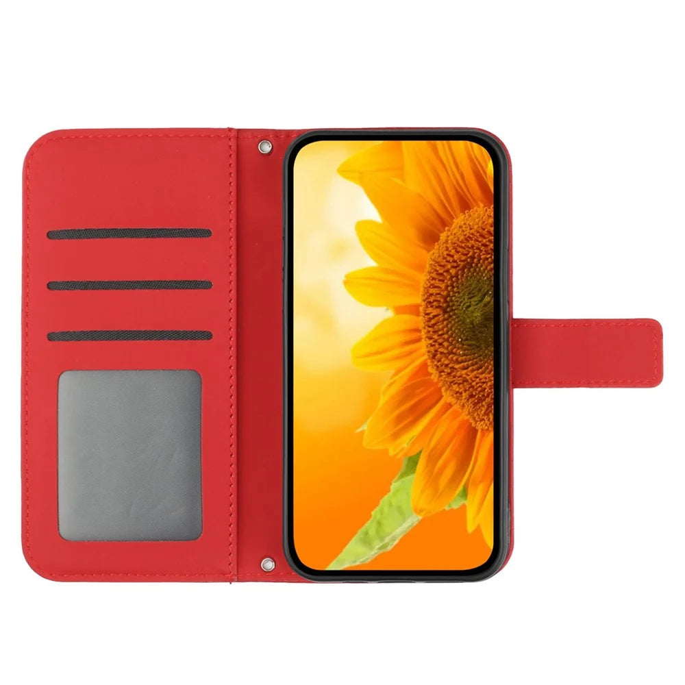HT04 Sunflower Imprinted Phone Case for Samsung Galaxy A34 5G, PU Leather Wallet Stand Skin-touch Shockproof Phone Cover with Shoulder Strap - Red - 2
