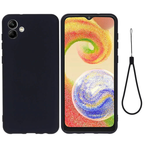 For Samsung Galaxy A04e 4G / F04 4G / M04 4G Soft Silicone Phone Case Anti-scratch Protective Back Cover with Strap - Black - 1