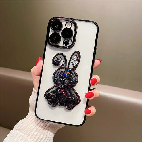 For iPhone 12 Pro 6.1 inch Quicksand Rabbit Decor Phone Protective Case Electroplating TPU Back Cover with Tempered Glass Lens Protection Film - Black - 1