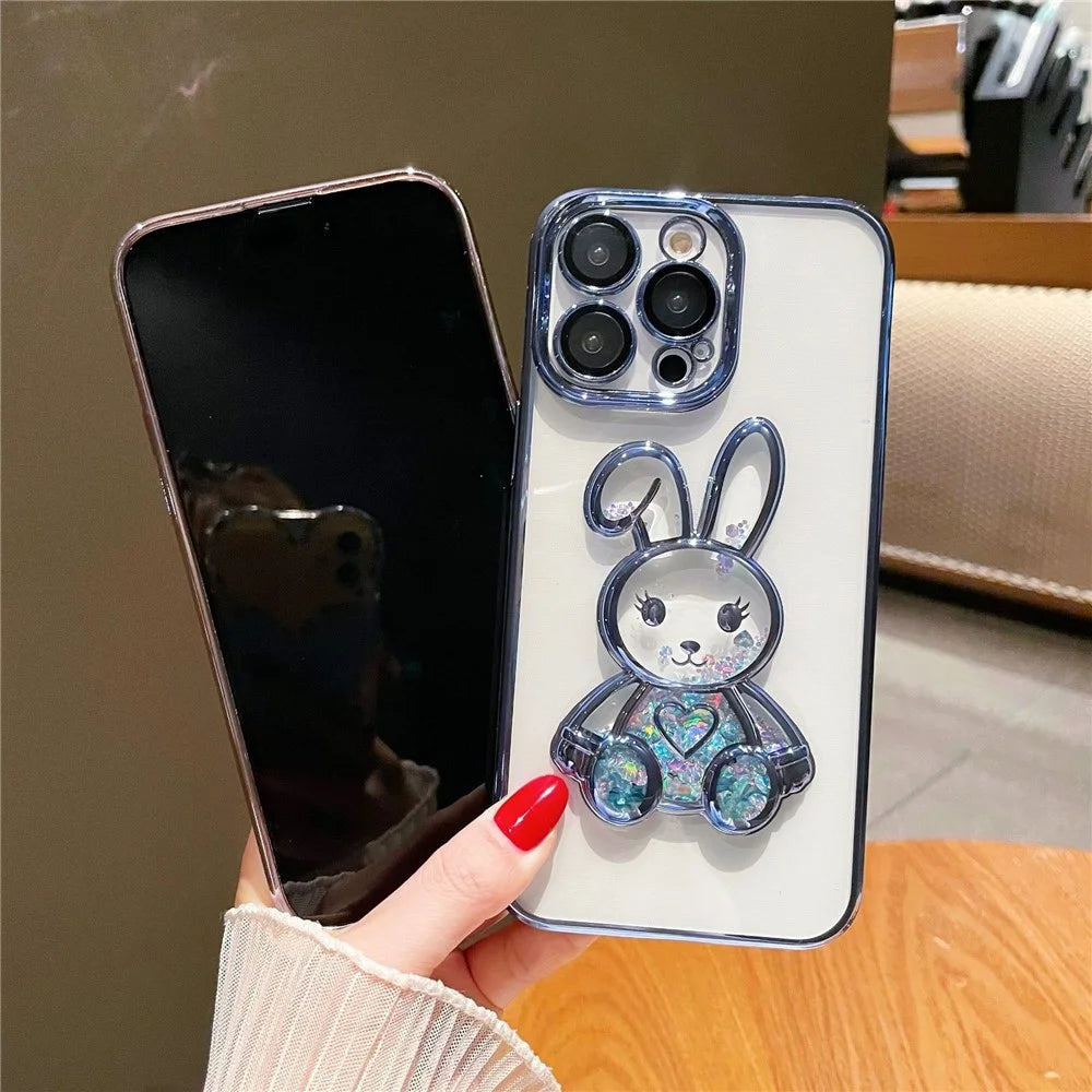 For iPhone 14 Pro Max Cute Quicksand Rabbit Phone Case Electroplating Clear TPU Protective Cover with Tempered Glass Lens Film - Black - 3