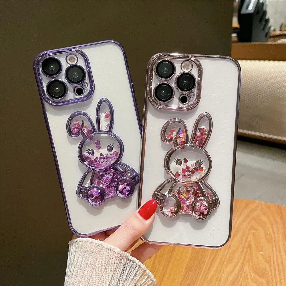 For iPhone 13 Pro Max 6.7 inch Quicksand Rabbit Decor Phone Back Case Electroplating Soft TPU Drop-proof Cover with Tempered Glass Lens Protective Film - Black - 4