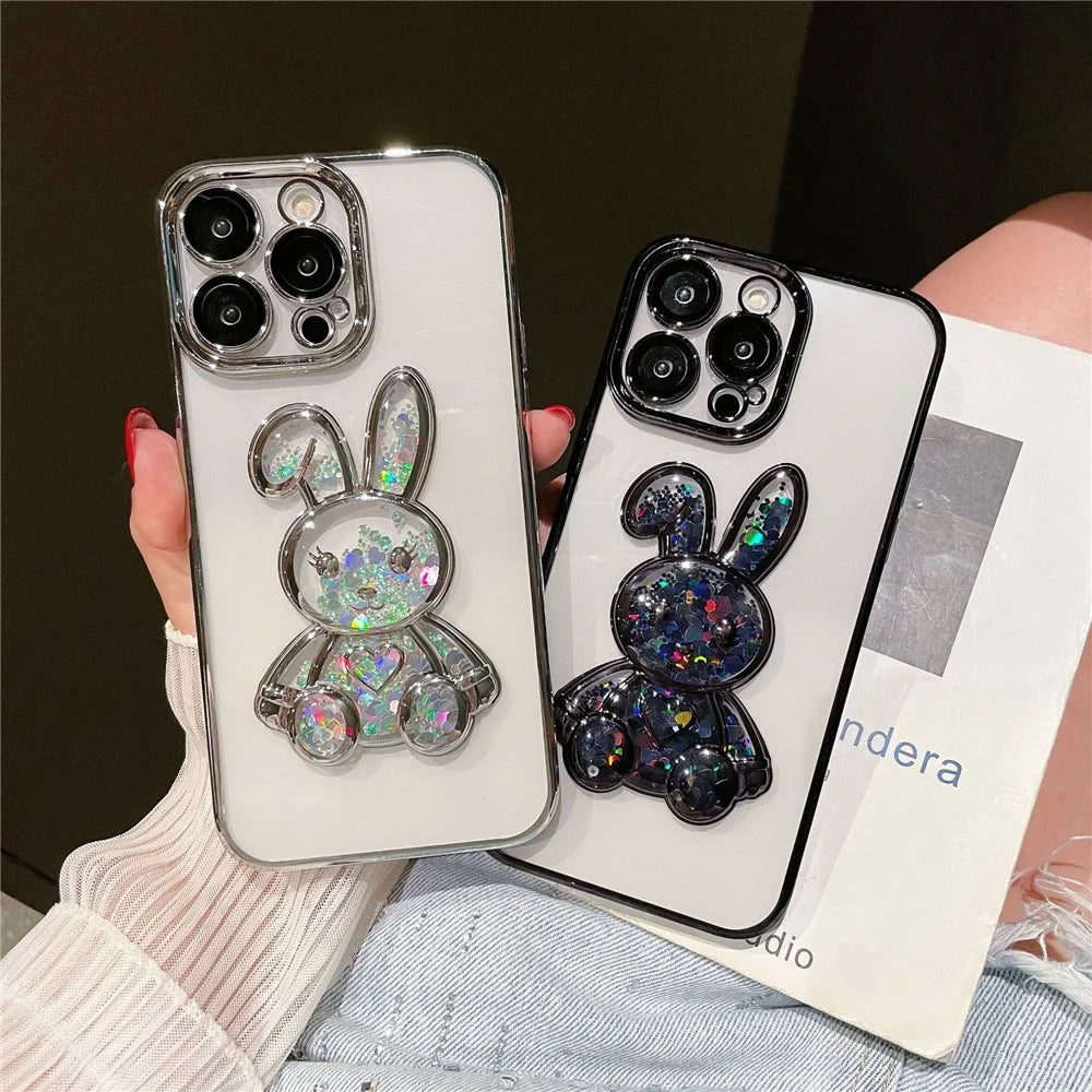 For iPhone 13 Pro Max 6.7 inch Quicksand Rabbit Decor Phone Back Case Electroplating Soft TPU Drop-proof Cover with Tempered Glass Lens Protective Film - Black - 5
