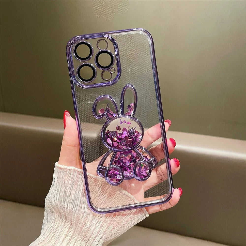 For iPhone 12 Pro Max 6.7 inch Lovely Quicksand Rabbit Design Bump Proof Back Case Electroplating TPU Cover with Tempered Glass Lens Film - Black - 2