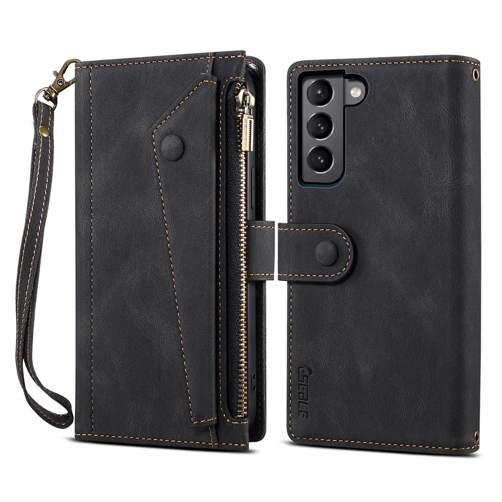 ESEBLE Star Series Flip Leather Wallet Case for Samsung Galaxy S23, PU Leather Multi-functional Zipper Pocket Stand Shockproof Cell Phone Cover with Hand Strap - Black - 1
