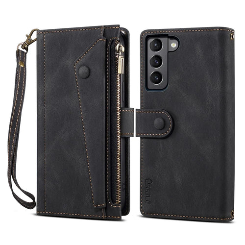 ESEBLE Star Series Flip Leather Wallet Case for Samsung Galaxy S23, PU Leather Multi-functional Zipper Pocket Stand Shockproof Cell Phone Cover with Hand Strap - Black - 1