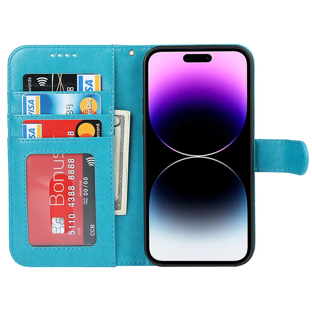 For iPhone 14 Pro R61 Texture Felled Seam PU Leather + TPU Foldable Stand Phone Case Pattern Imprinted Wallet Cover - Blue - 2