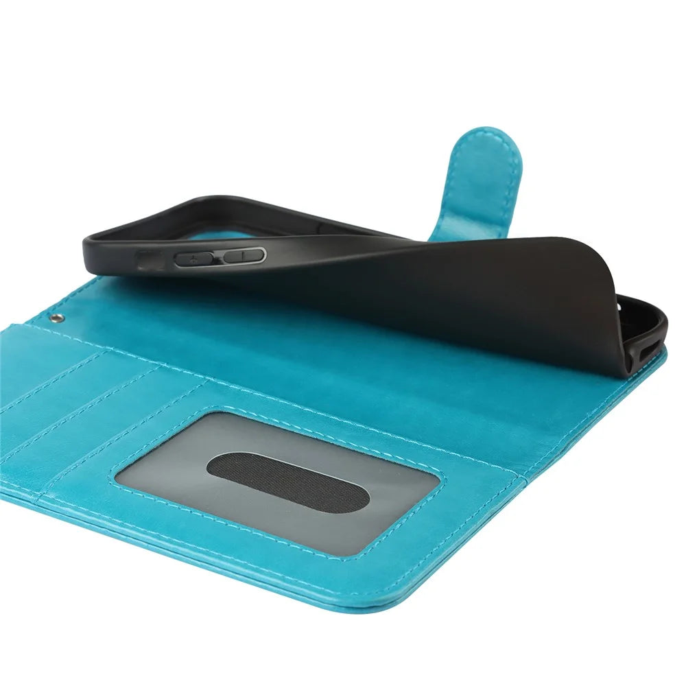For iPhone 14 Pro R61 Texture Felled Seam PU Leather + TPU Foldable Stand Phone Case Pattern Imprinted Wallet Cover - Blue - 5