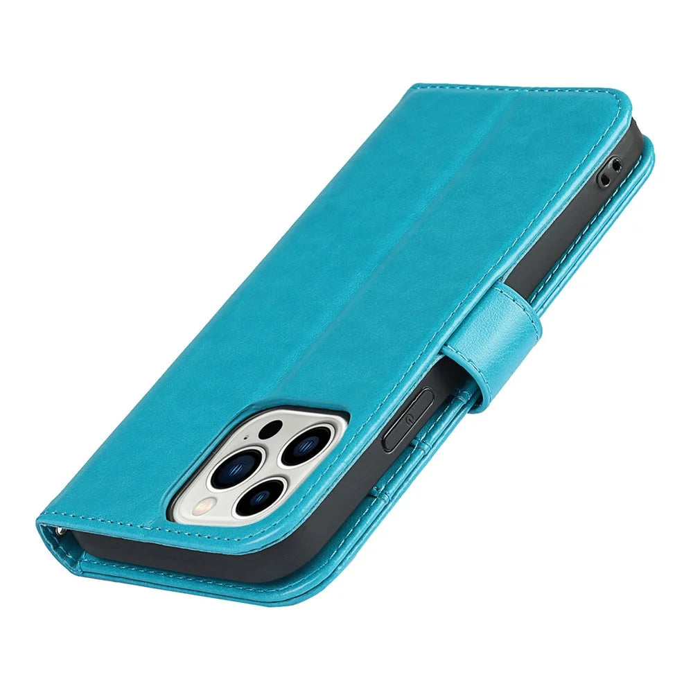 For iPhone 14 Pro R61 Texture Felled Seam PU Leather + TPU Foldable Stand Phone Case Pattern Imprinted Wallet Cover - Blue - 7