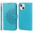 For iPhone 14 Plus R61 Texture Felled Seam PU Leather + TPU Viewing Stand Phone Case Pattern Imprinted Wallet Cover - Blue - 1