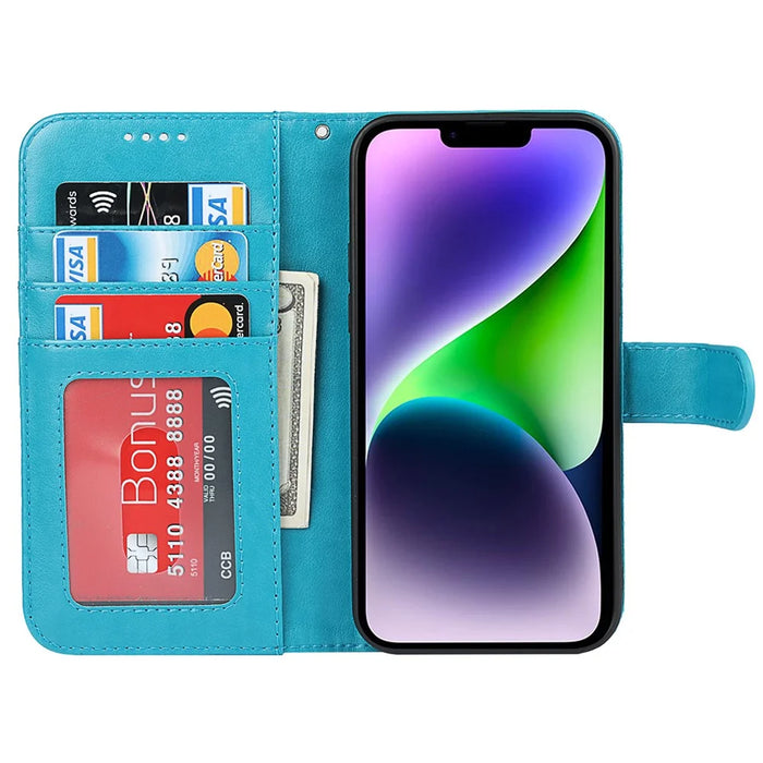 For iPhone 14 Plus R61 Texture Felled Seam PU Leather + TPU Viewing Stand Phone Case Pattern Imprinted Wallet Cover - Blue - 2