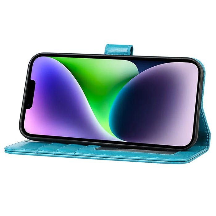 For iPhone 14 Plus R61 Texture Felled Seam PU Leather + TPU Viewing Stand Phone Case Pattern Imprinted Wallet Cover - Blue - 3