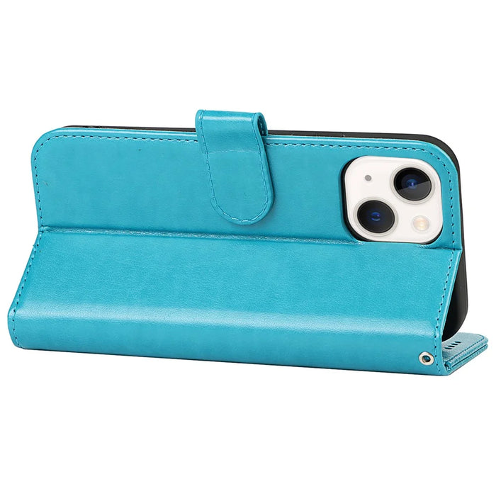 For iPhone 14 Plus R61 Texture Felled Seam PU Leather + TPU Viewing Stand Phone Case Pattern Imprinted Wallet Cover - Blue - 4