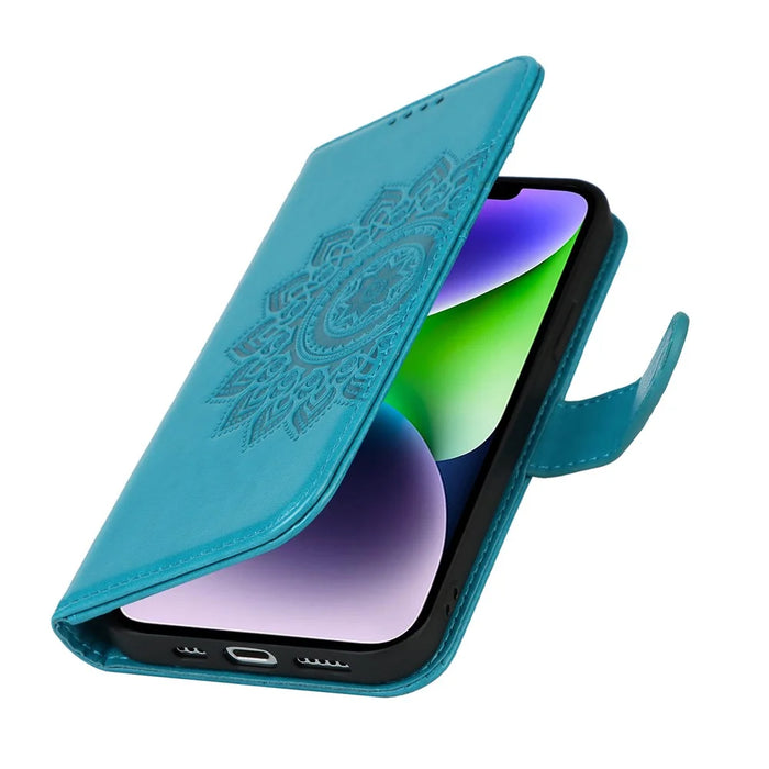 For iPhone 14 Plus R61 Texture Felled Seam PU Leather + TPU Viewing Stand Phone Case Pattern Imprinted Wallet Cover - Blue - 6