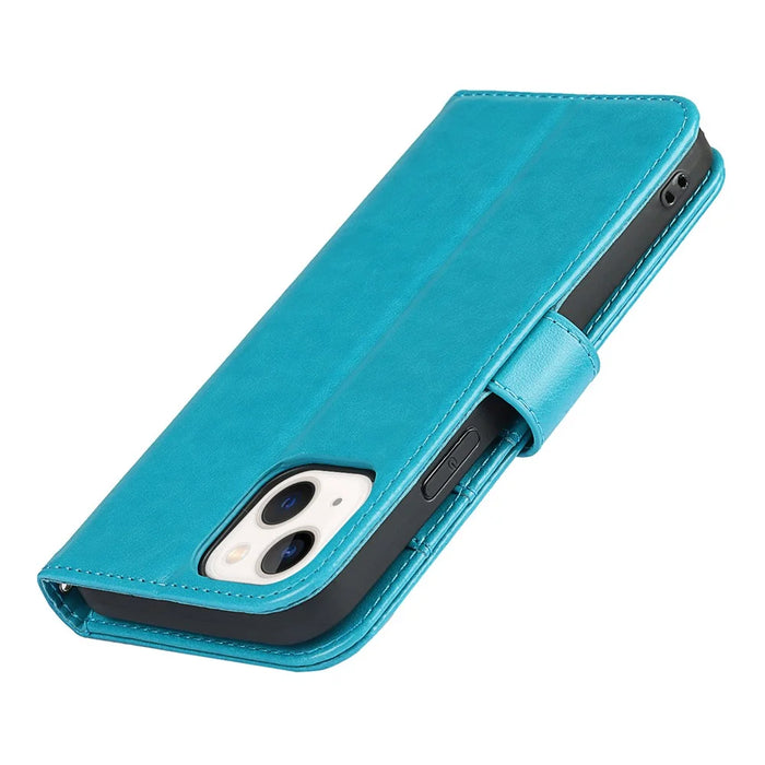 For iPhone 14 Plus R61 Texture Felled Seam PU Leather + TPU Viewing Stand Phone Case Pattern Imprinted Wallet Cover - Blue - 7