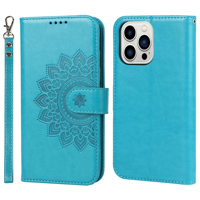 For iPhone 14 Pro Max R61 Texture Felled Seam PU Leather + TPU Hands-free Stand Phone Case Pattern Imprinted Wallet Cover - Blue - 1