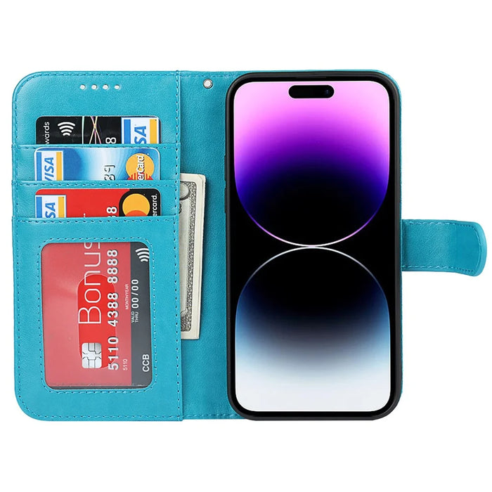 For iPhone 14 Pro Max R61 Texture Felled Seam PU Leather + TPU Hands-free Stand Phone Case Pattern Imprinted Wallet Cover - Blue - 2