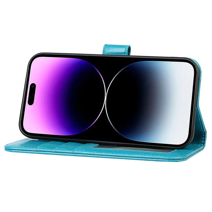 For iPhone 14 Pro Max R61 Texture Felled Seam PU Leather + TPU Hands-free Stand Phone Case Pattern Imprinted Wallet Cover - Blue - 3