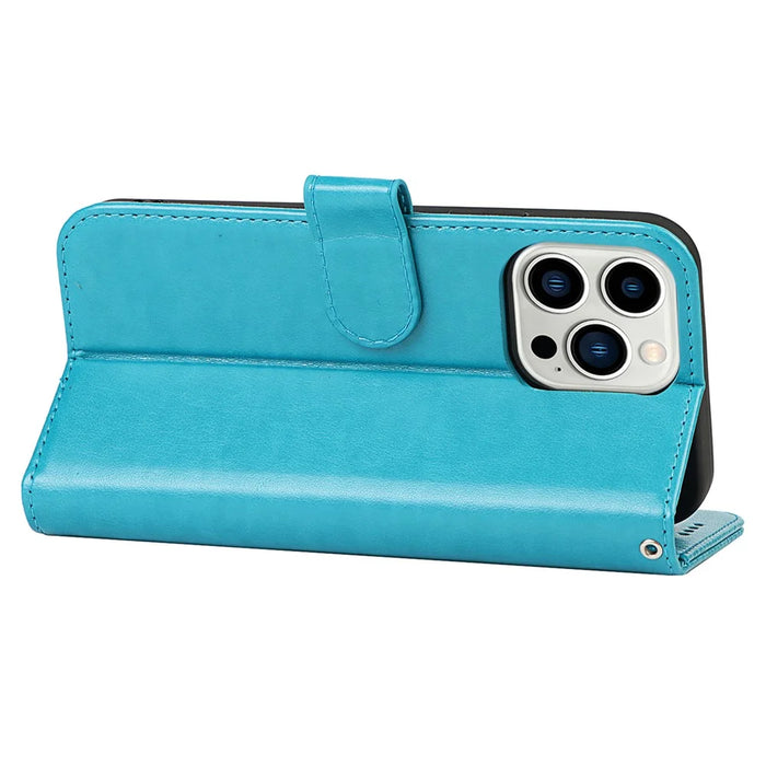 For iPhone 14 Pro Max R61 Texture Felled Seam PU Leather + TPU Hands-free Stand Phone Case Pattern Imprinted Wallet Cover - Blue - 4