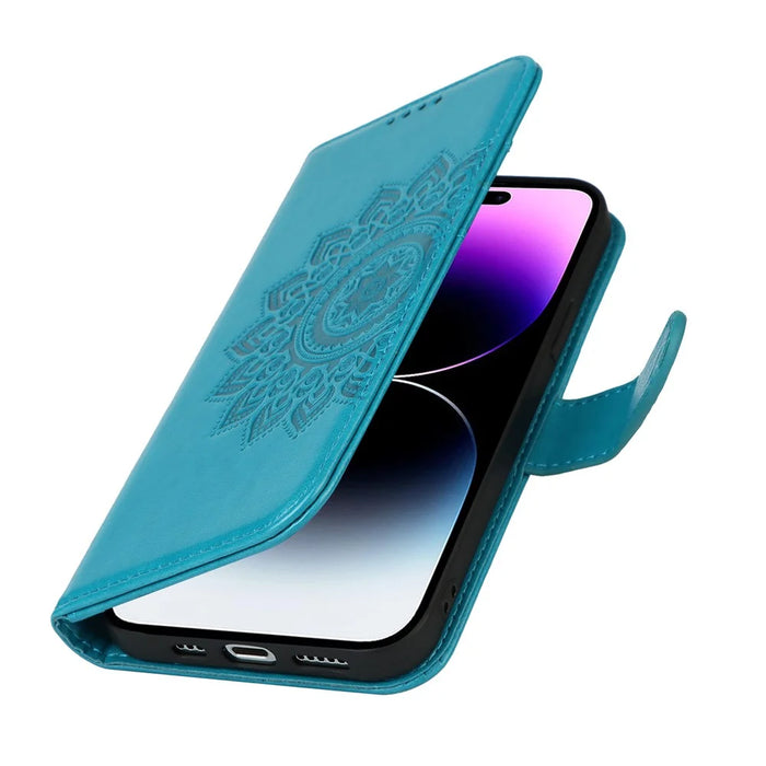 For iPhone 14 Pro Max R61 Texture Felled Seam PU Leather + TPU Hands-free Stand Phone Case Pattern Imprinted Wallet Cover - Blue - 6