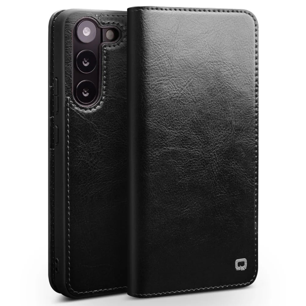 QIALINO For Samsung Galaxy S23 Genuine Leather Phone Case Drop-Proof Flip Cover Wallet Stand - Black - 1